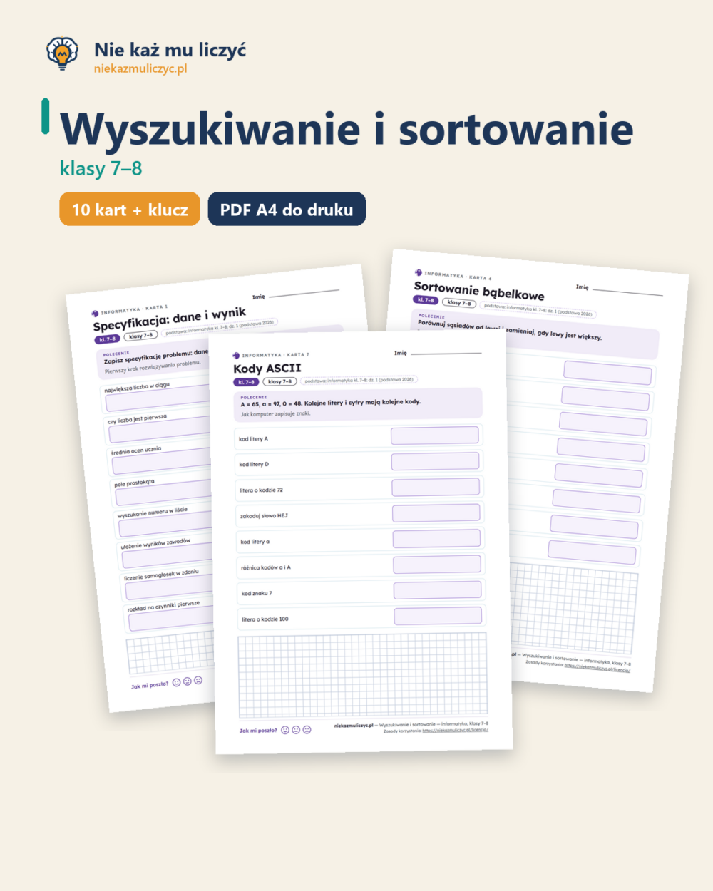 Wyszukiwanie i sortowanie — informatyka, klasy 7–8, 10 kart PDF — okładka