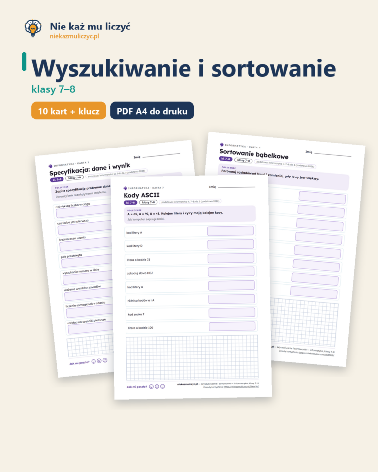 Wyszukiwanie i sortowanie — informatyka, klasy 7–8, 10 kart PDF — okładka