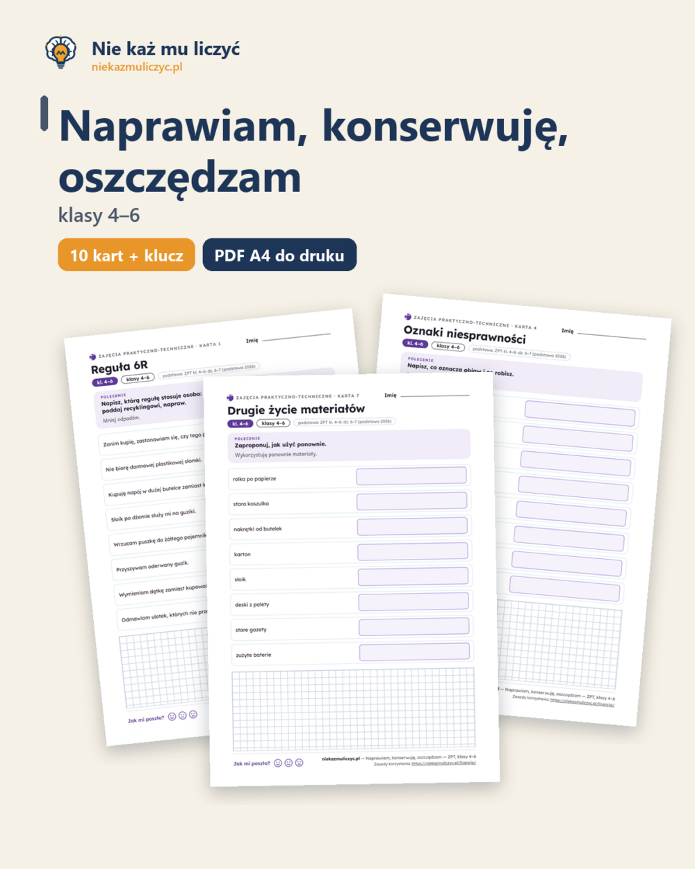 Naprawiam, konserwuję, oszczędzam — technika, klasy 4–6, 10 kart PDF — okładka