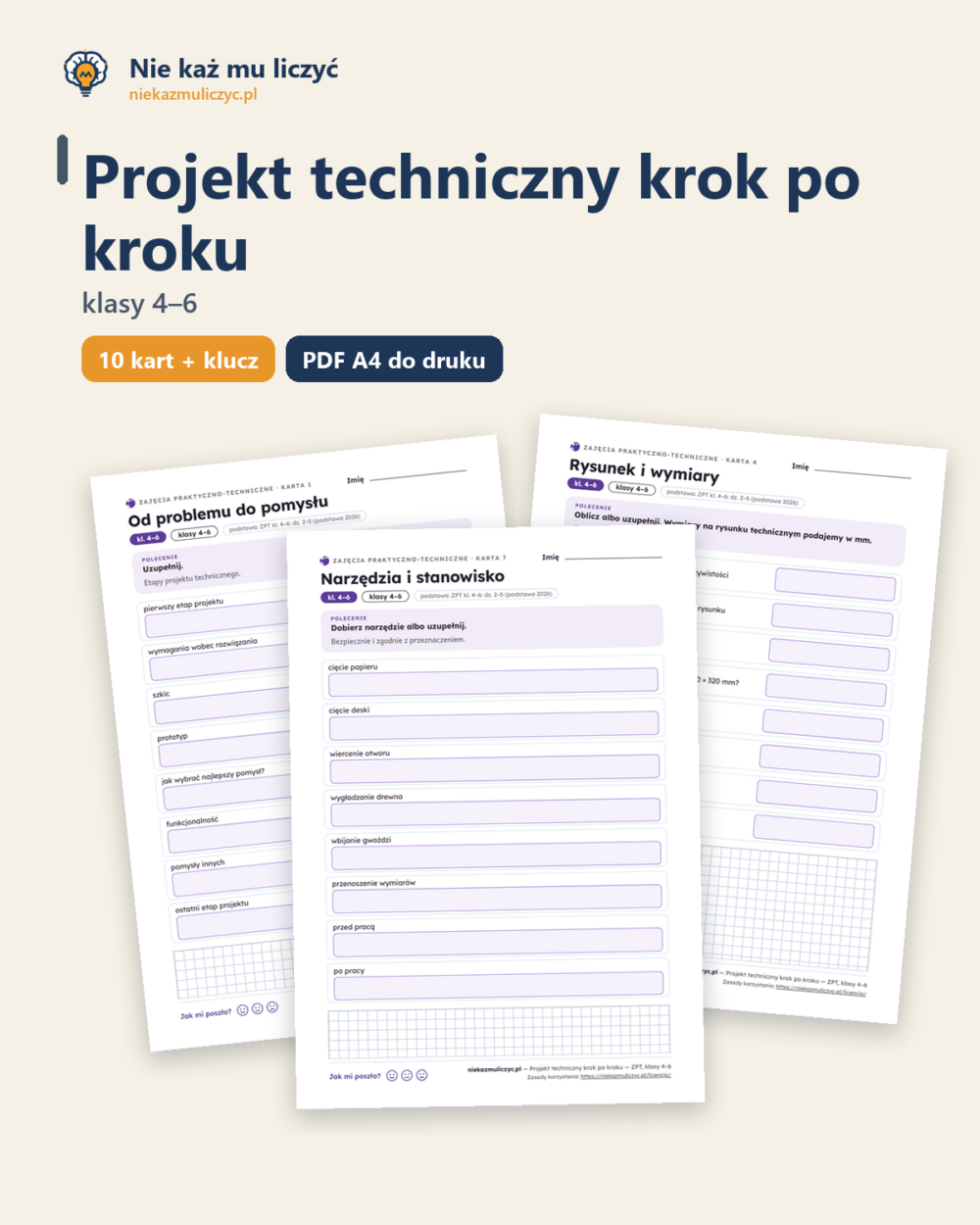 Projekt techniczny krok po kroku — technika, klasy 4–6, 10 kart PDF — okładka