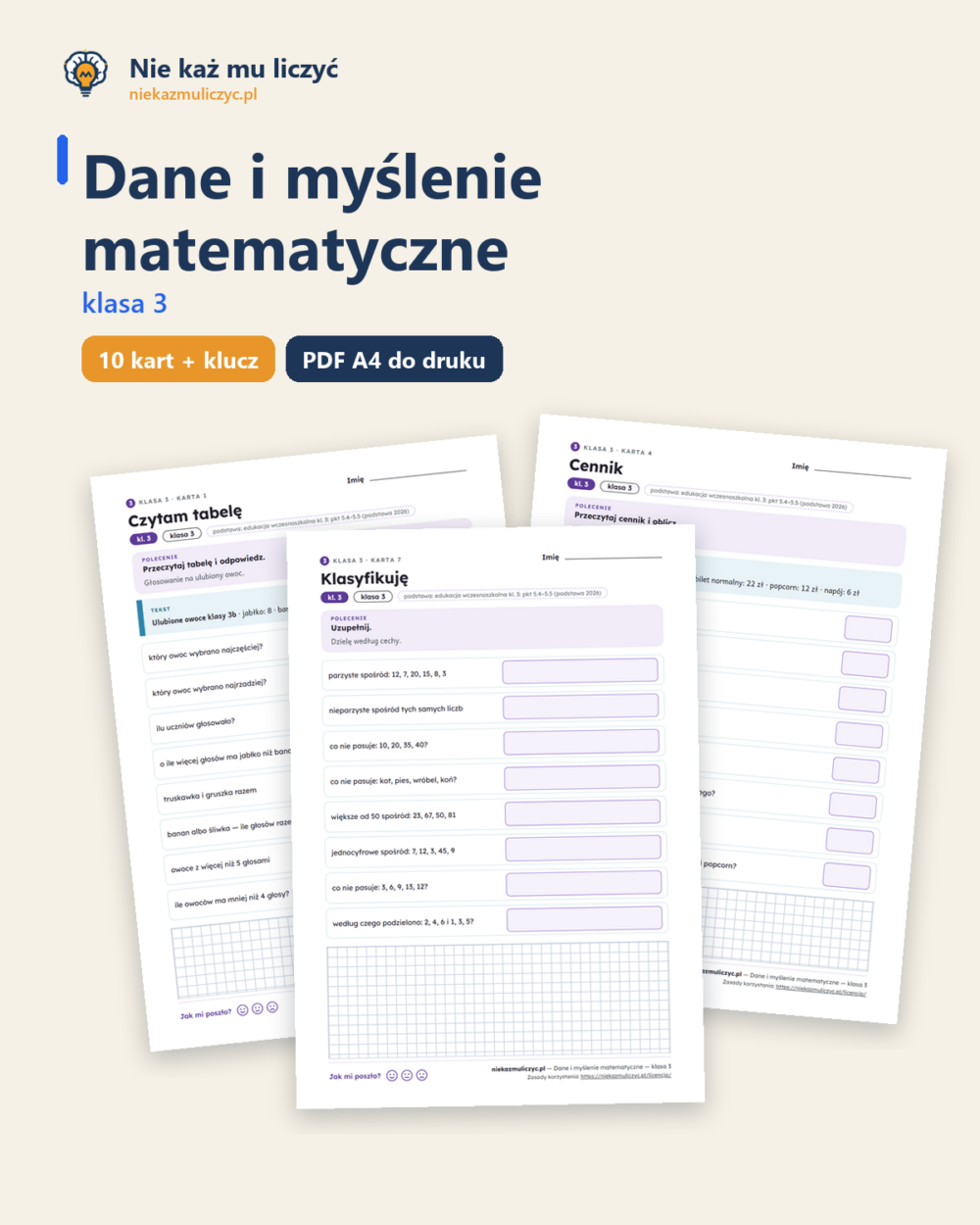 Dane i myślenie matematyczne — karty pracy, klasa 3, 10 kart PDF — okładka