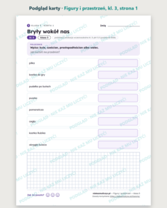 Figury i przestrzeń — karty pracy, klasa 3, 10 kart PDF — podgląd karty, strona 1