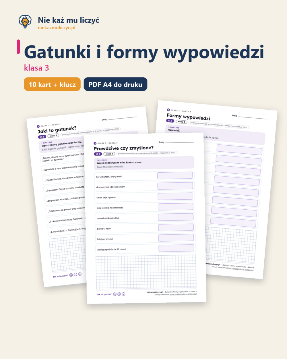 Gatunki i formy wypowiedzi — karty pracy, klasa 3, 10 kart PDF — okładka