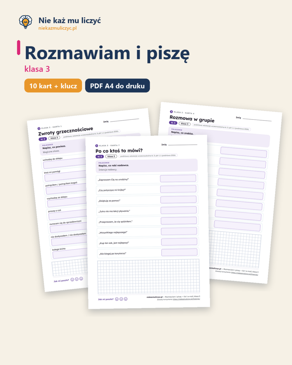 Rozmawiam i piszę — karty pracy, klasa 3, 10 kart PDF — okładka