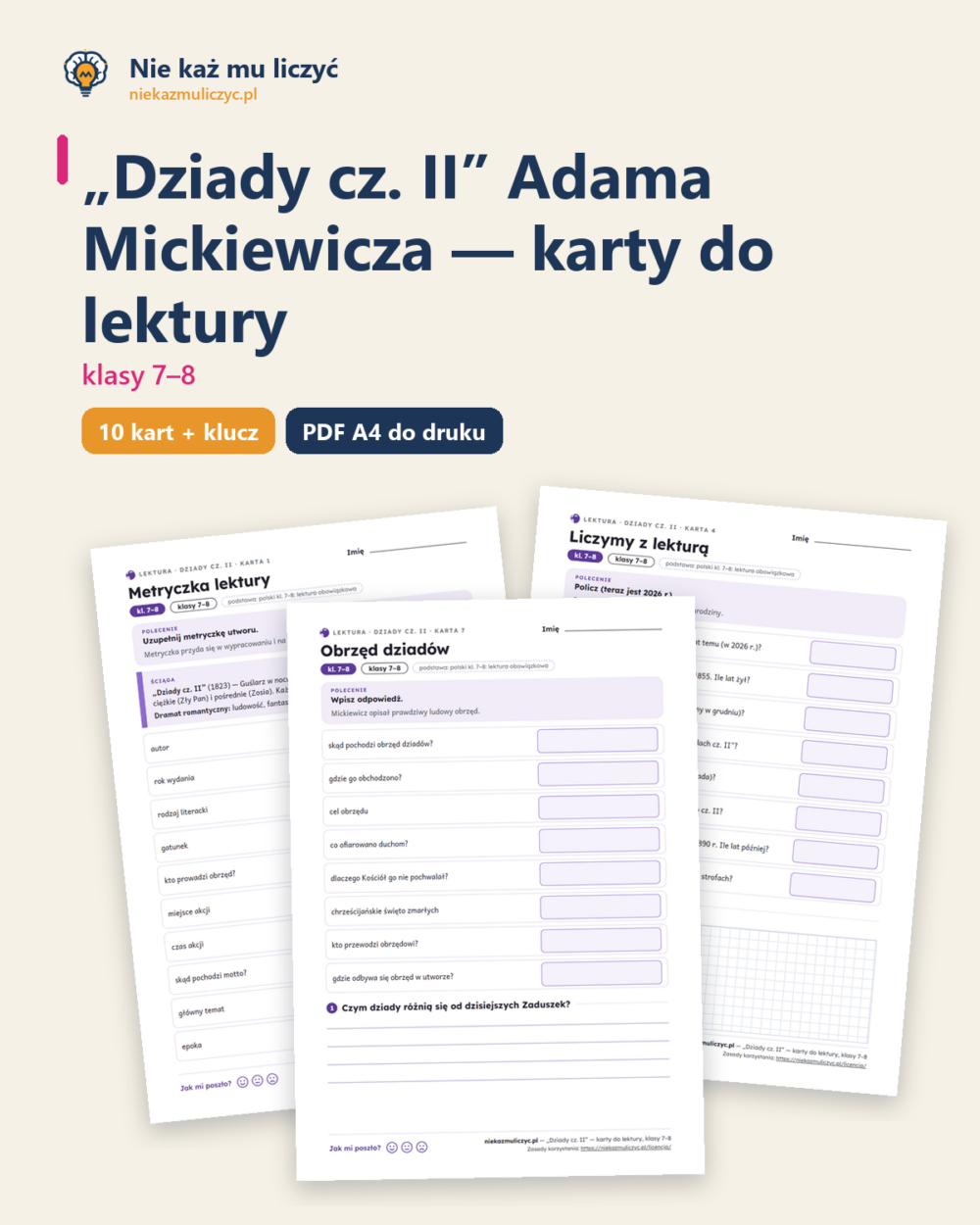 „Dziady cz. II”, lektura kl. 7–8 — 10 kart pracy PDF z kluczem — okładka