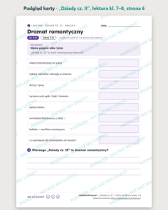 „Dziady cz. II”, lektura kl. 7–8 — 10 kart pracy PDF z kluczem — podgląd karty, strona 6