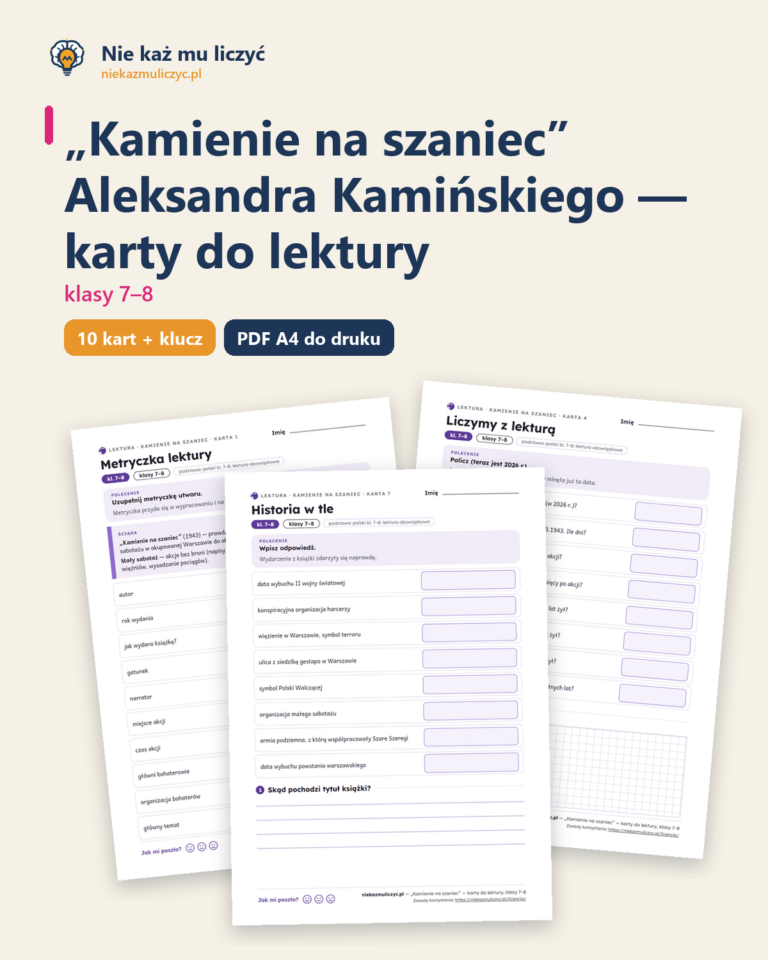 „Kamienie na szaniec”, lektura kl. 7–8 — 10 kart pracy PDF z kluczem — okładka