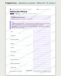 „Kamienie na szaniec”, lektura kl. 7–8 — 10 kart pracy PDF z kluczem — podgląd karty, strona 1
