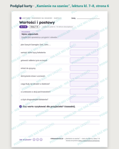 „Kamienie na szaniec”, lektura kl. 7–8 — 10 kart pracy PDF z kluczem — podgląd karty, strona 6
