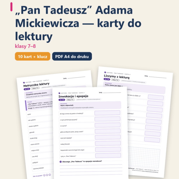 „Pan Tadeusz”, lektura kl. 7–8 — 10 kart pracy PDF z kluczem — okładka