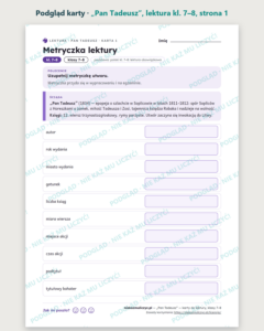 „Pan Tadeusz”, lektura kl. 7–8 — 10 kart pracy PDF z kluczem — podgląd karty, strona 1