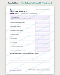 „Pan Tadeusz”, lektura kl. 7–8 — 10 kart pracy PDF z kluczem — podgląd karty, strona 6