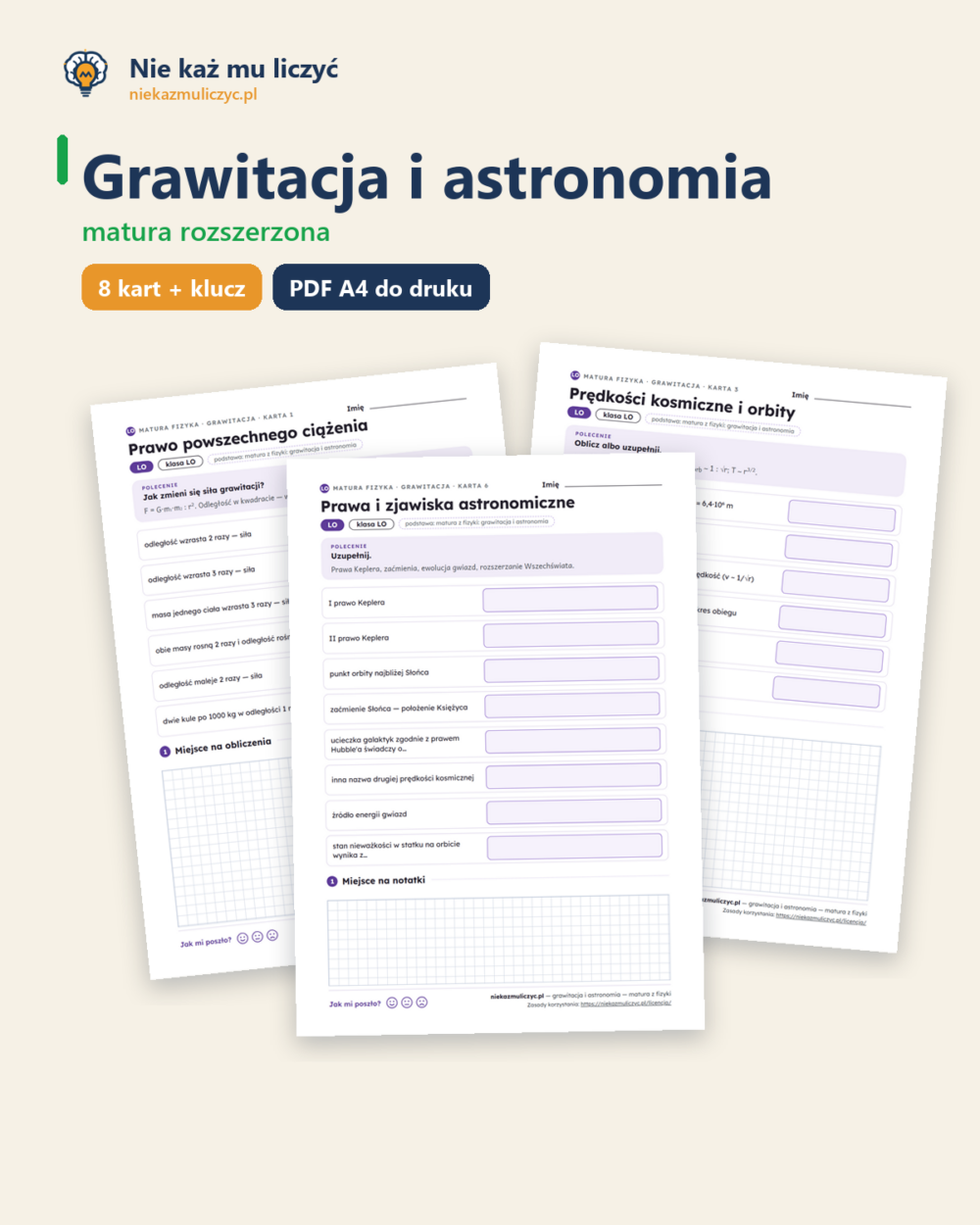 Grawitacja i astronomia — matura z fizyki — 8 kart PDF z kluczem — okładka