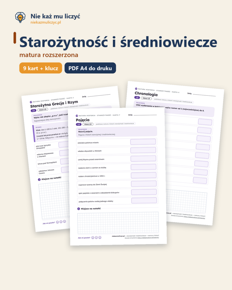 Starożytność i średniowiecze, matura z historii — 9 kart PDF z kluczem — okładka
