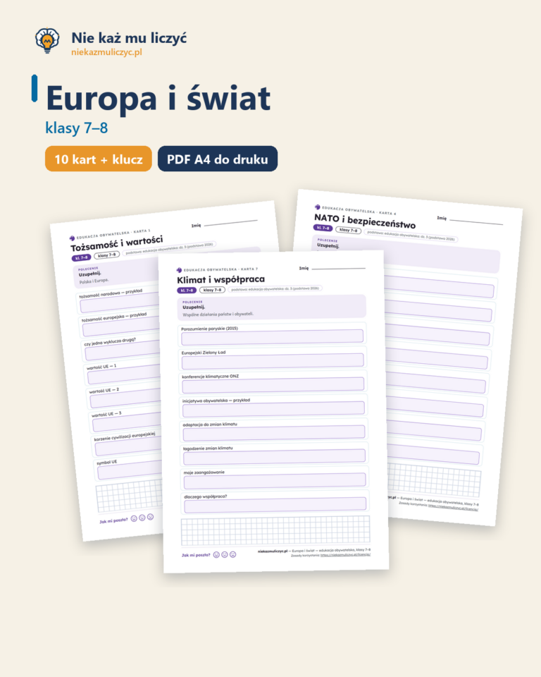 Europa i świat — edukacja obywatelska, klasy 7–8, 10 kart PDF — okładka