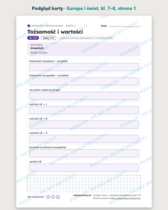 Europa i świat — edukacja obywatelska, klasy 7–8, 10 kart PDF — podgląd karty, strona 1
