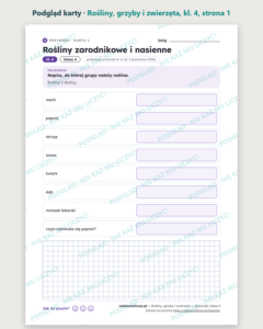 Rośliny, grzyby i zwierzęta — przyroda, klasa 4, 10 kart PDF — podgląd karty, strona 1