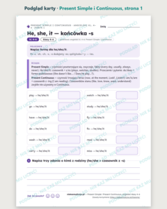Present Simple i Present Continuous, angielski kl. 4–6 — 10 kart — podgląd karty, strona 1
