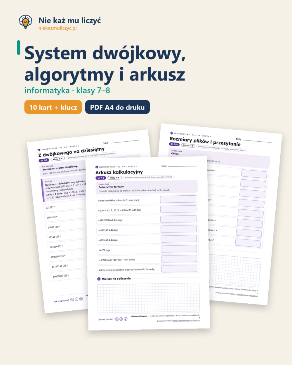 System dwójkowy, algorytmy i arkusz, informatyka kl. 7–8 — 10 kart — okładka