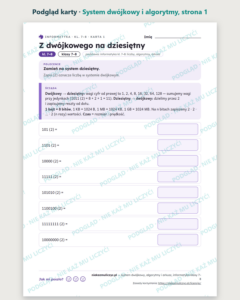 System dwójkowy, algorytmy i arkusz, informatyka kl. 7–8 — 10 kart — podgląd karty, strona 1