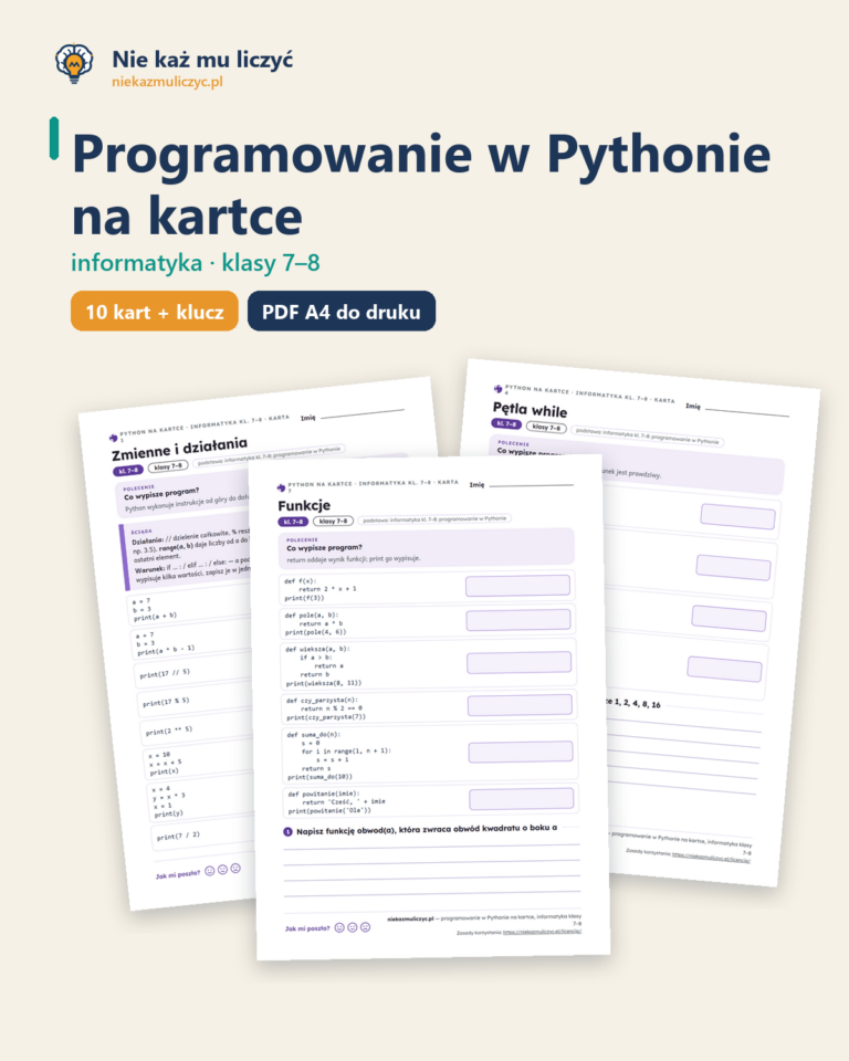 Programowanie w Pythonie na kartce, informatyka kl. 7–8 — 10 kart — okładka