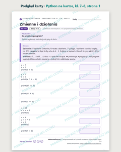 Programowanie w Pythonie na kartce, informatyka kl. 7–8 — 10 kart — podgląd karty, strona 1
