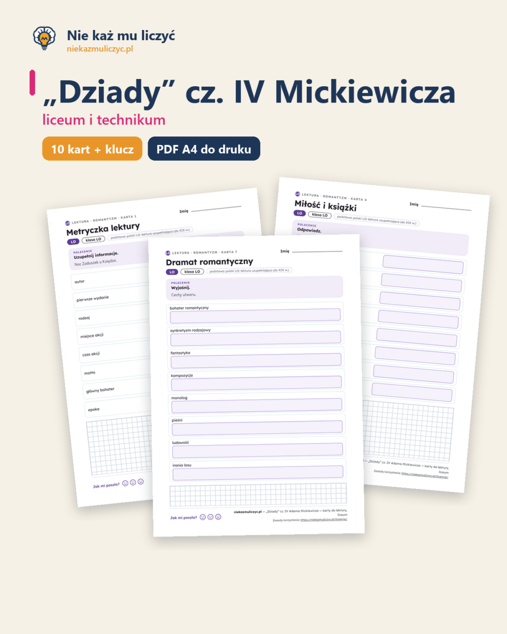 „Dziady” cz. IV Mickiewicza — karty do lektury, liceum, 10 kart PDF — okładka