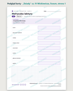 „Dziady” cz. IV Mickiewicza — karty do lektury, liceum, 10 kart PDF — podgląd karty, strona 1
