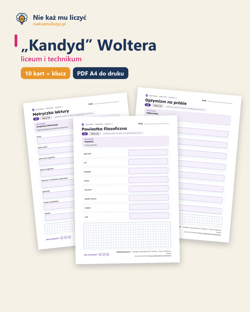 „Kandyd” Woltera — karty do lektury, liceum, 10 kart PDF — okładka