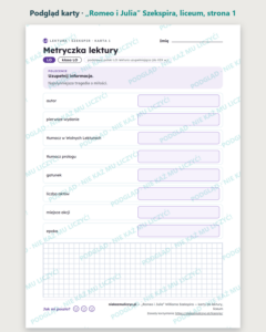 „Romeo i Julia” Szekspira — karty do lektury, liceum, 10 kart PDF — podgląd karty, strona 1