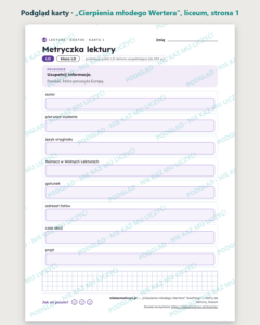 „Cierpienia młodego Wertera” — karty do lektury, liceum, 10 kart PDF — podgląd karty, strona 1