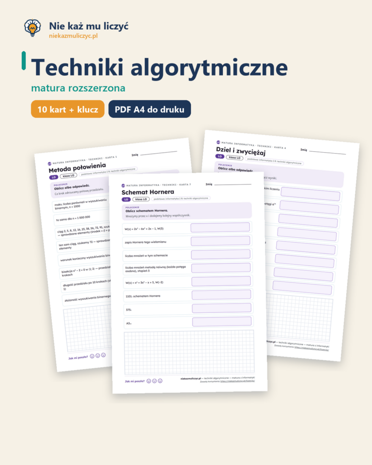 Techniki algorytmiczne — matura z informatyki — 10 kart PDF z kluczem — okładka