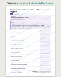 Starożytna Grecja, historia klasa 5 — 10 kart pracy PDF z kluczem — podgląd karty, strona 1