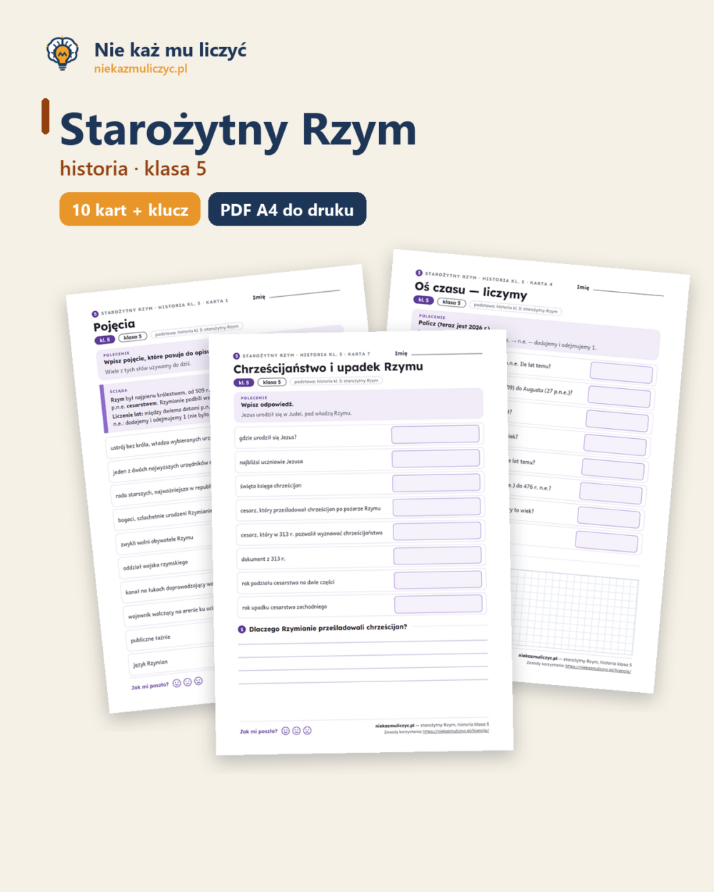 Starożytny Rzym, historia klasa 5 — 10 kart pracy PDF z kluczem — okładka