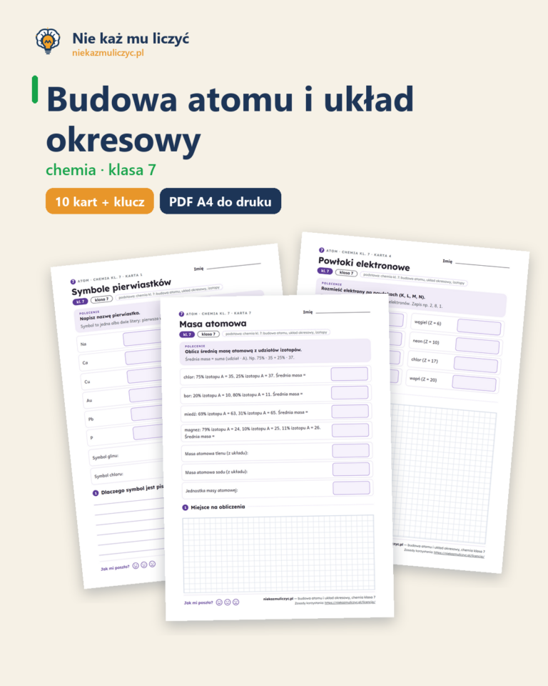 Budowa atomu i układ okresowy, chemia klasa 7 — 10 kart PDF z kluczem — okładka