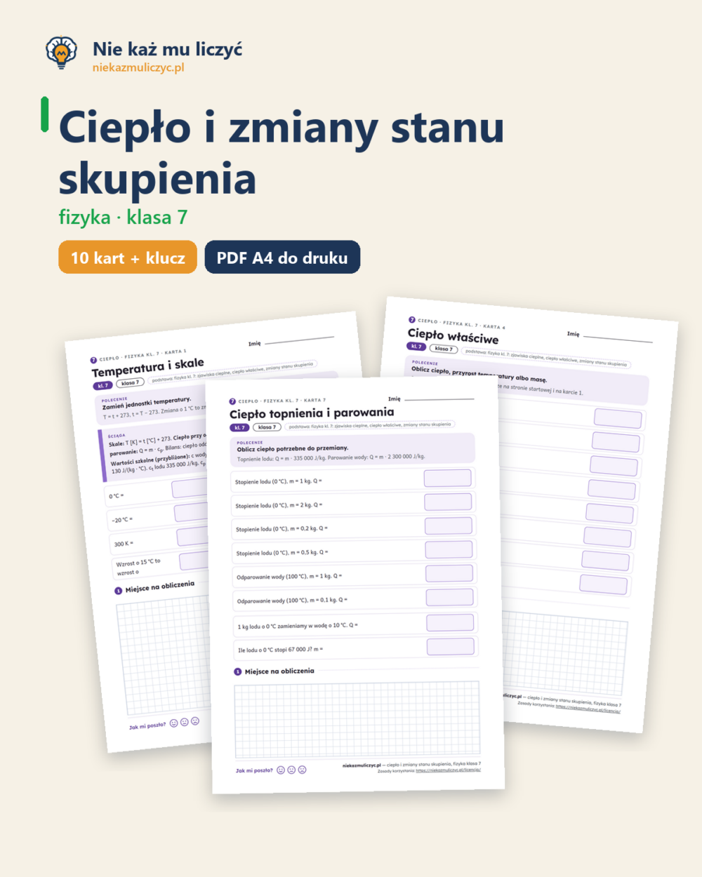 Ciepło i stany skupienia, fizyka klasa 7 — 10 kart PDF z kluczem — okładka