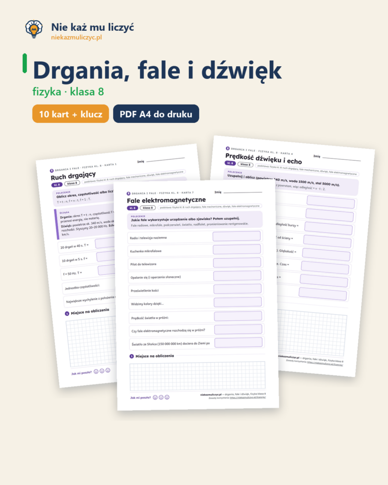 Drgania, fale i dźwięk, fizyka klasa 8 — 10 kart PDF z kluczem — okładka