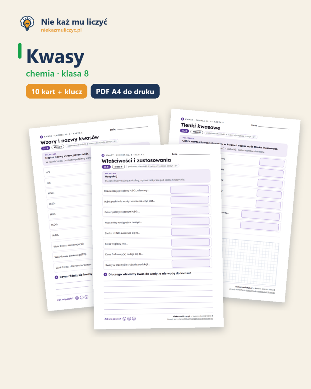 Kwasy, chemia klasa 8 — 10 kart pracy PDF z kluczem — okładka
