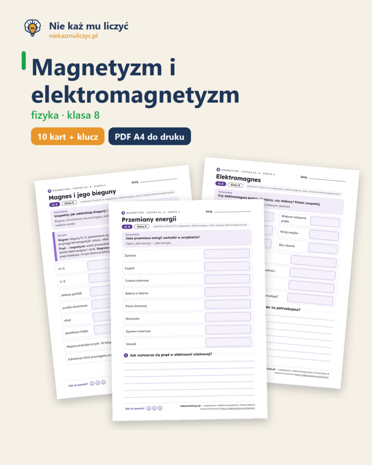 Magnetyzm i elektromagnetyzm, fizyka klasa 8 — 10 kart PDF z kluczem — okładka