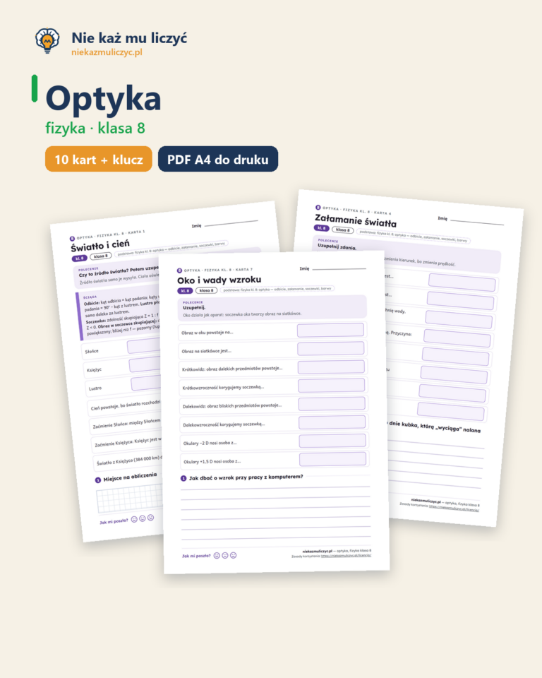 Optyka, fizyka klasa 8 — 10 kart pracy PDF z kluczem — okładka