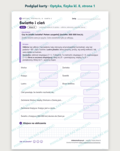 Optyka, fizyka klasa 8 — 10 kart pracy PDF z kluczem — podgląd karty, strona 1