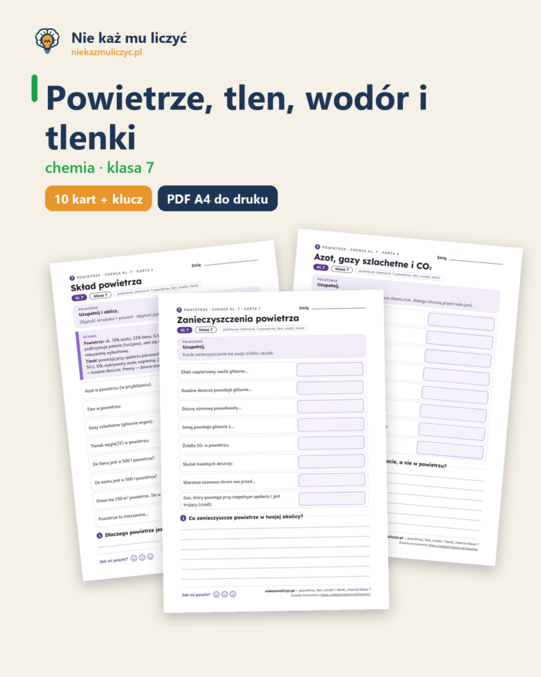 Powietrze, tlen, wodór i tlenki, chemia klasa 7 — 10 kart z kluczem — okładka