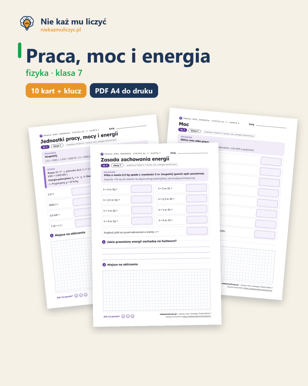 Praca, moc i energia, fizyka klasa 7 — 10 kart pracy PDF z kluczem — okładka