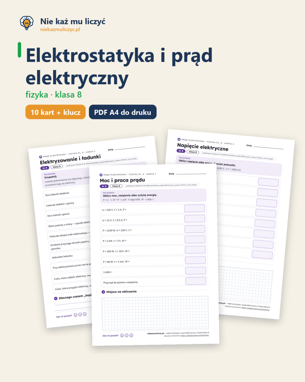 Prąd elektryczny, fizyka klasa 8 — 10 kart pracy PDF z kluczem — okładka