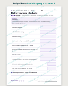 Prąd elektryczny, fizyka klasa 8 — 10 kart pracy PDF z kluczem — podgląd karty, strona 1