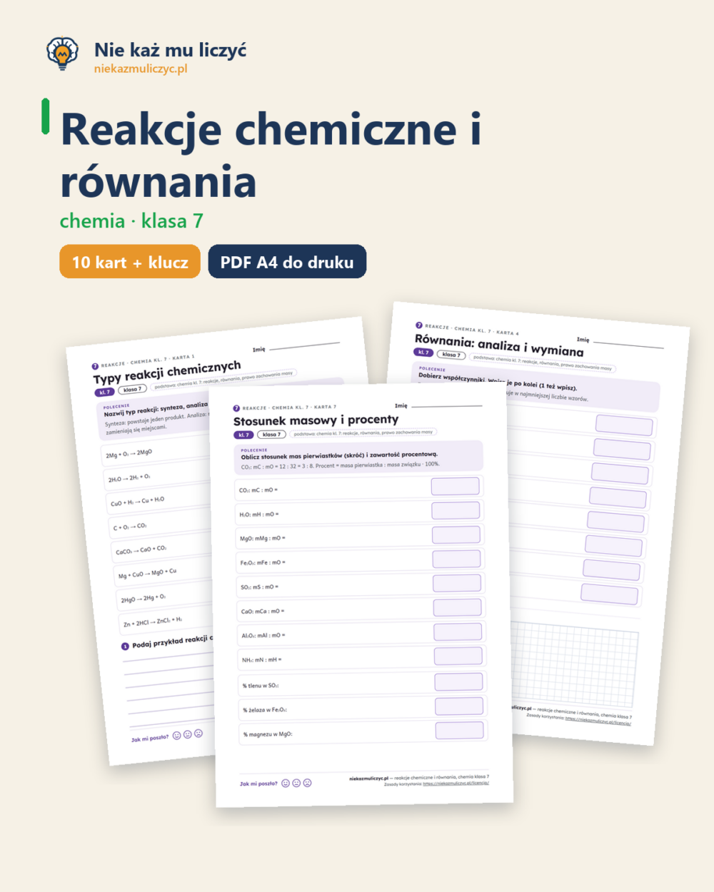 Reakcje chemiczne i równania, chemia klasa 7 — 10 kart PDF z kluczem — okładka