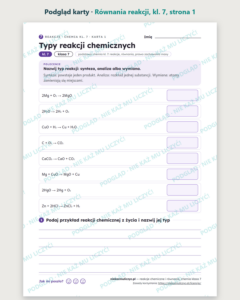 Reakcje chemiczne i równania, chemia klasa 7 — 10 kart PDF z kluczem — podgląd karty, strona 1