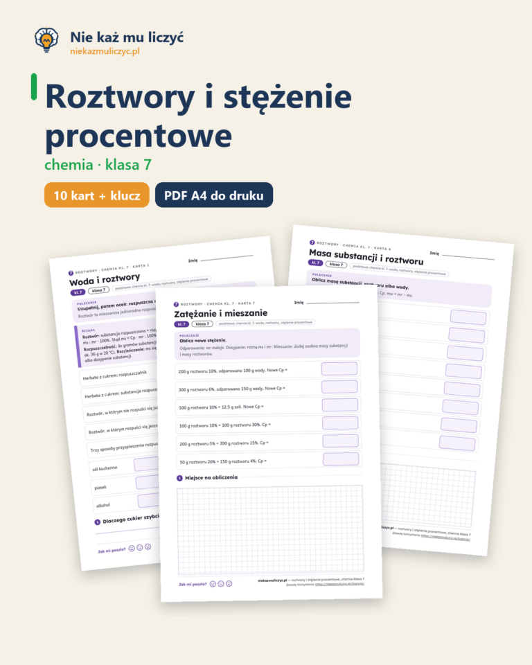 Roztwory i stężenie procentowe, chemia klasa 7 — 10 kart z kluczem — okładka