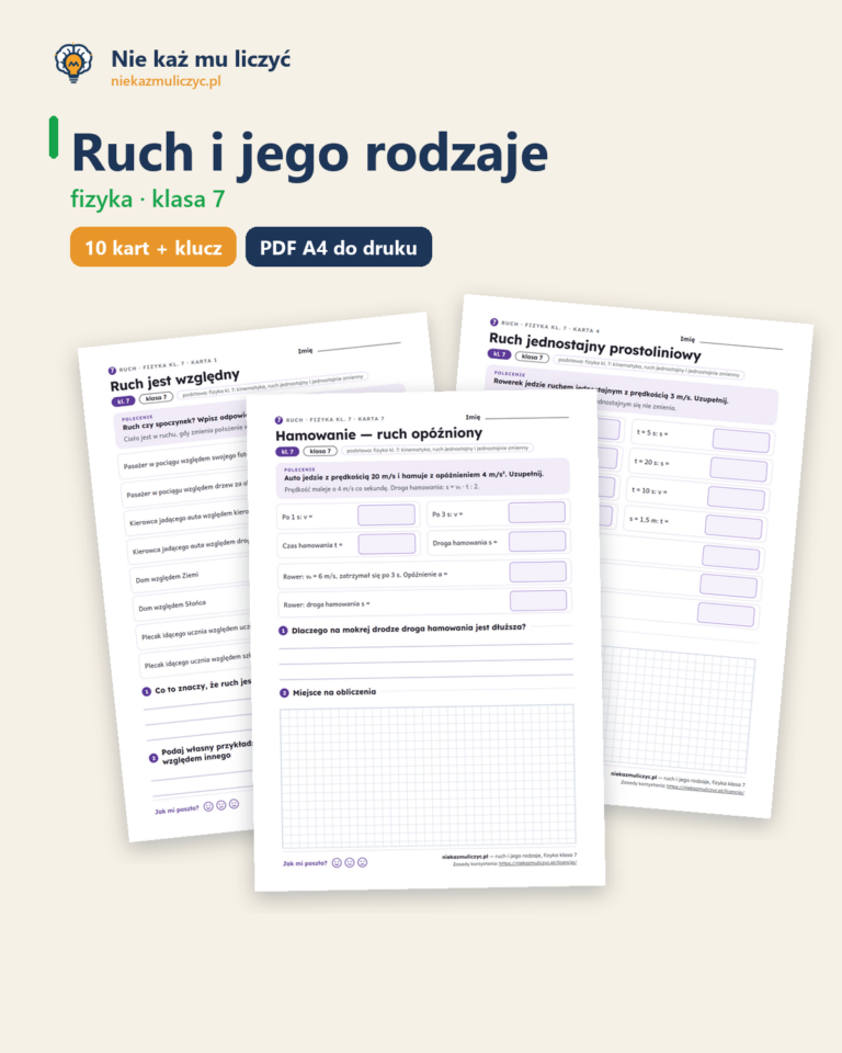 Ruch i jego rodzaje, fizyka klasa 7 — 10 kart pracy PDF z kluczem — okładka
