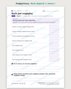 Ruch i jego rodzaje, fizyka klasa 7 — 10 kart pracy PDF z kluczem — podgląd karty, strona 1